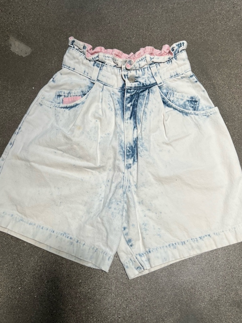 Vintage 80s Light Blue Denim Paperbag Waist Shorts with Pink Trim